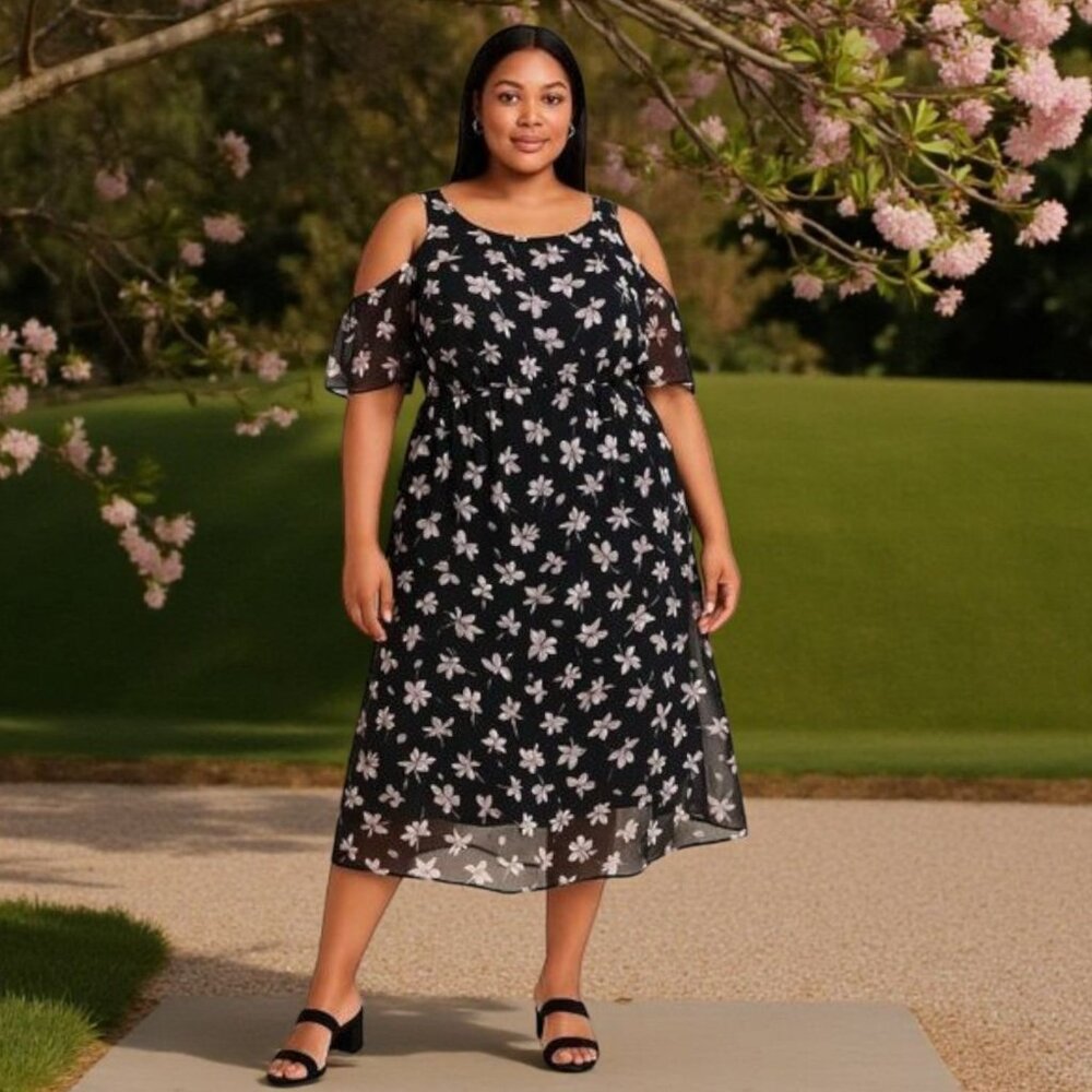 Lane Bryant 16 Black Floral Cold Shoulder Chiffon Dress Lined Flowy Cottagecore